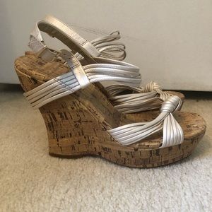 Jessica Simpson Strappy pearl cork wedges.